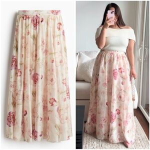 H&M Lyocell Voluminous Maxi Skirt in Cream and Pink Floral Print New Large